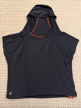 Athleta Navy Cropped Hooded Short-Sleeve Top with Orange Trim